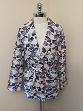 XiRENA White, Blue, and Red Patterned Cotton Blend Belted Blazer M